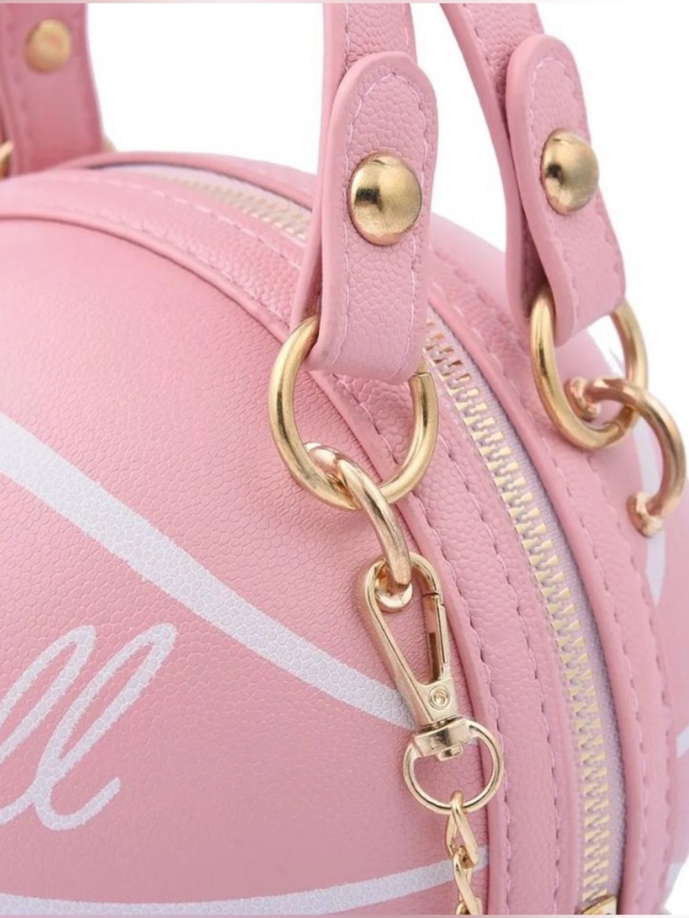 NEW Pink Faux Leather Basketball Crossbody Bag w Double Handle Drop & Gold Chain - Picture 15 of 16